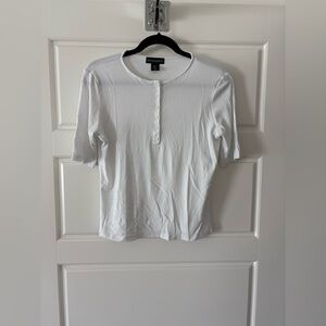 Cynthia Rowley White Ribbed Button Neck Tee Shirt. Size Large